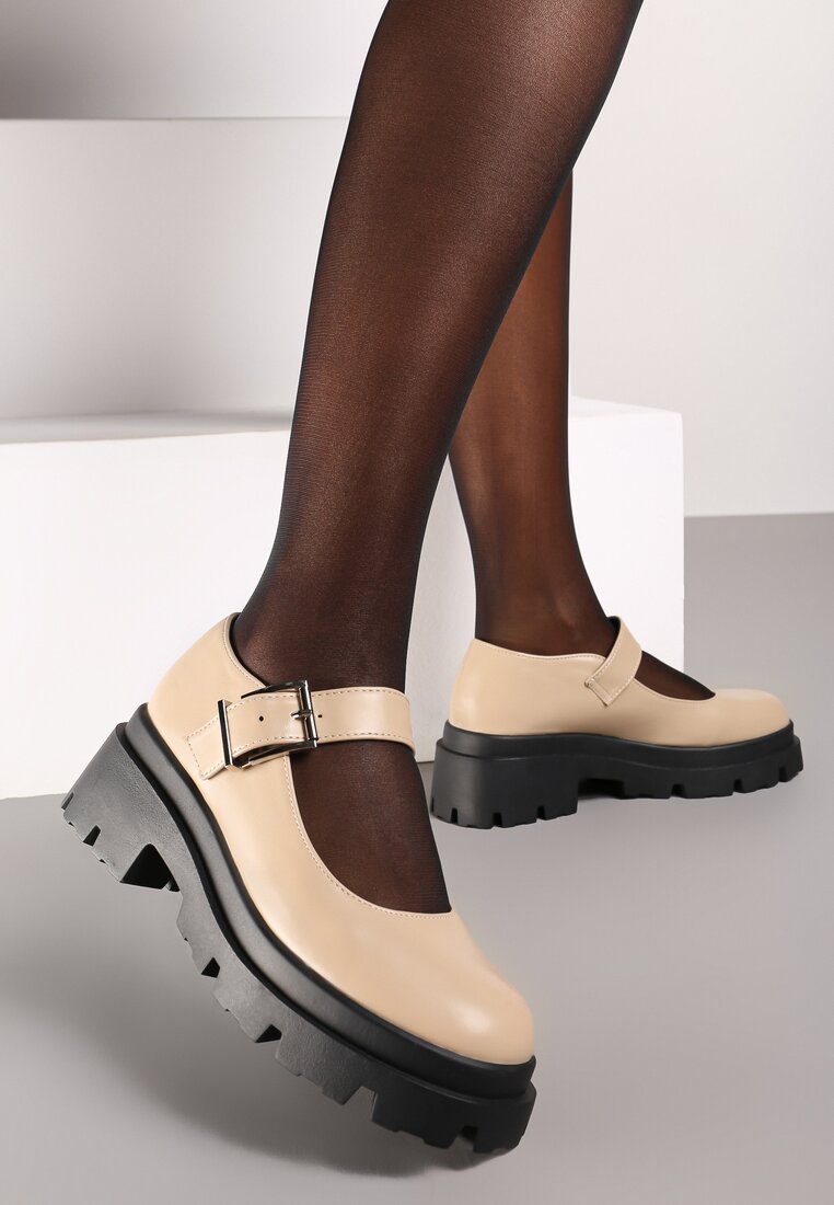 Pantofi Bej Mary Jane cu platformă, finisați cu o curea cu cataramă Navshia
