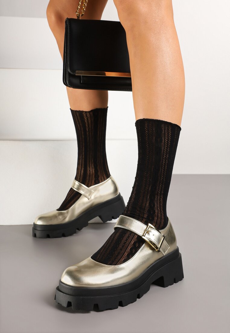 Pantofi Aurii Mary Jane cu platformă, finisați cu o curea cu cataramă Navshia