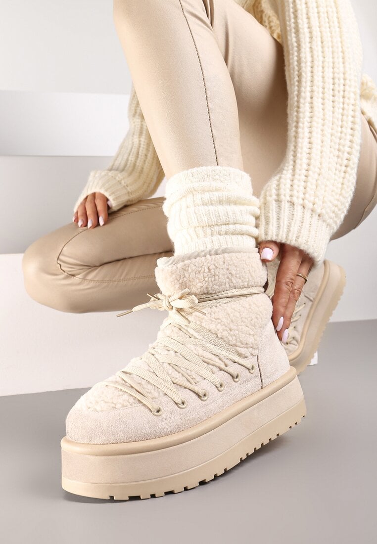Cizme de zăpadă Bej cu platformă Finisate cu blană artificială Terilani