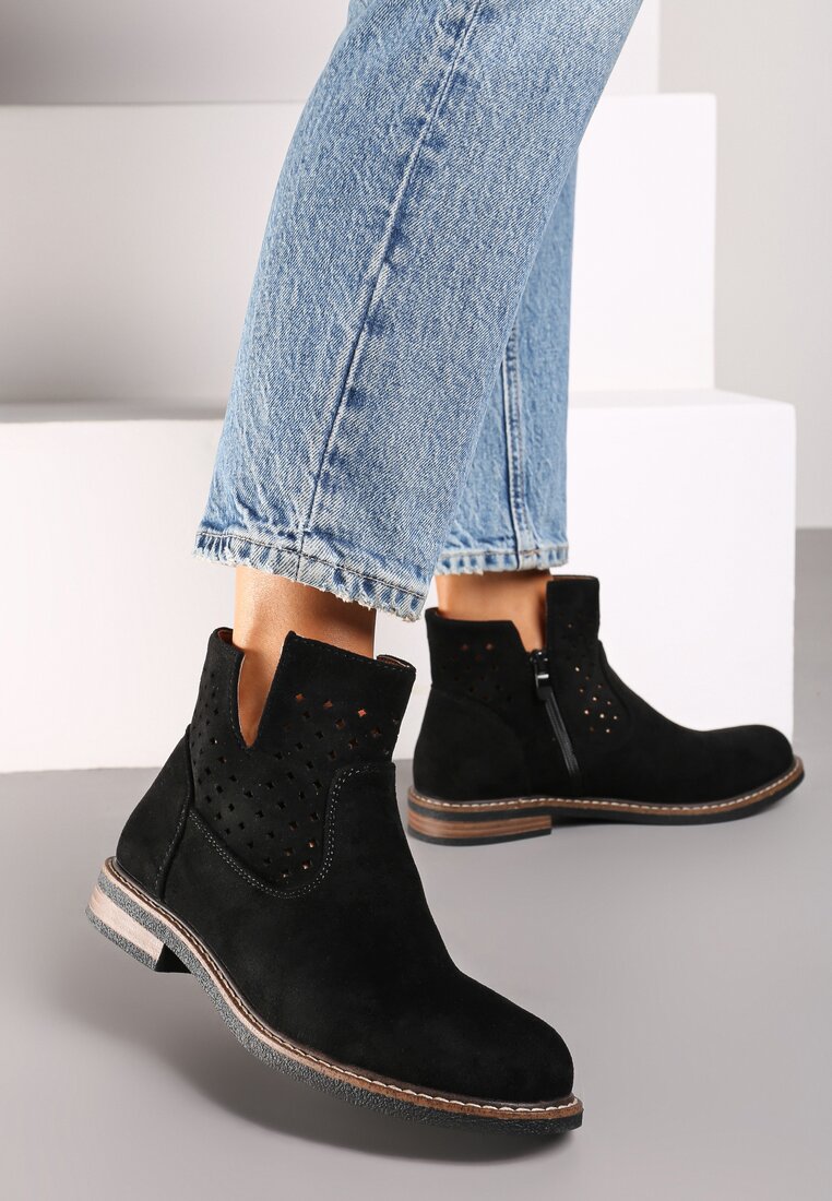 Botine Ażurowate Negre cu Talpă Plată cu Brant din Piele Terilara