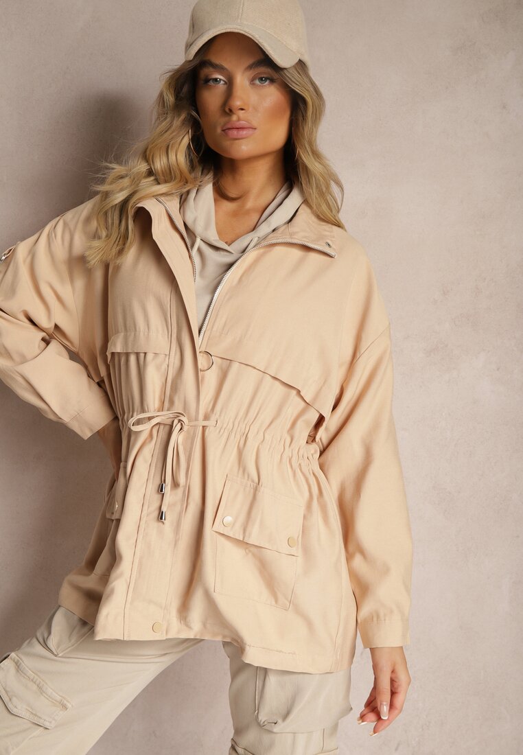 Jachetă Parka Bej închis cu adaos de bumbac finisată cu șnururi închisă cu capse Velona