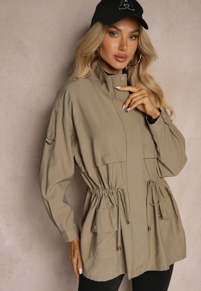Geacă Parka Verde deschis cu adaos de bumbac finisată cu șnururi închisă cu capse Velona