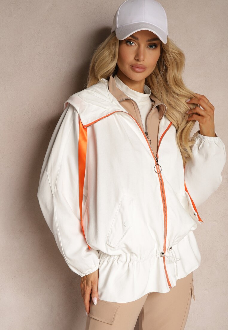 Geacă Albă cu Adaos de Bumbac Decorată cu Panglici cu Glugă și Șnururi Valentis