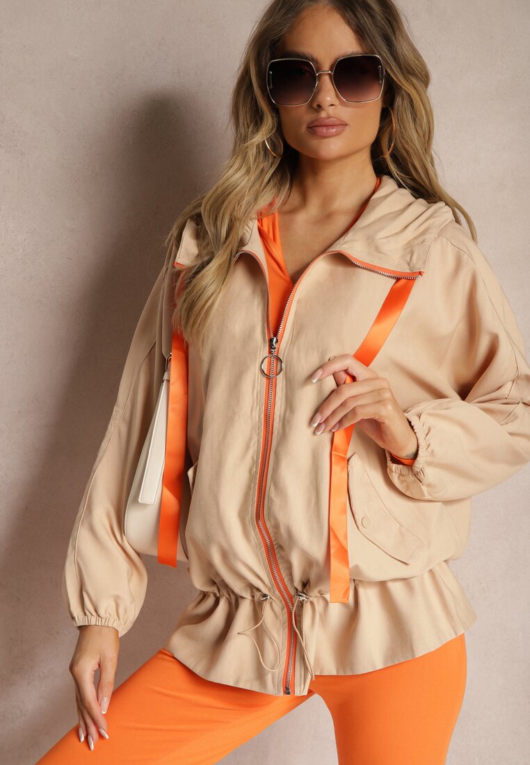 Jachetă bej închis cu adaos de bumbac decorată cu panglici cu glugă și șnururi Valentis