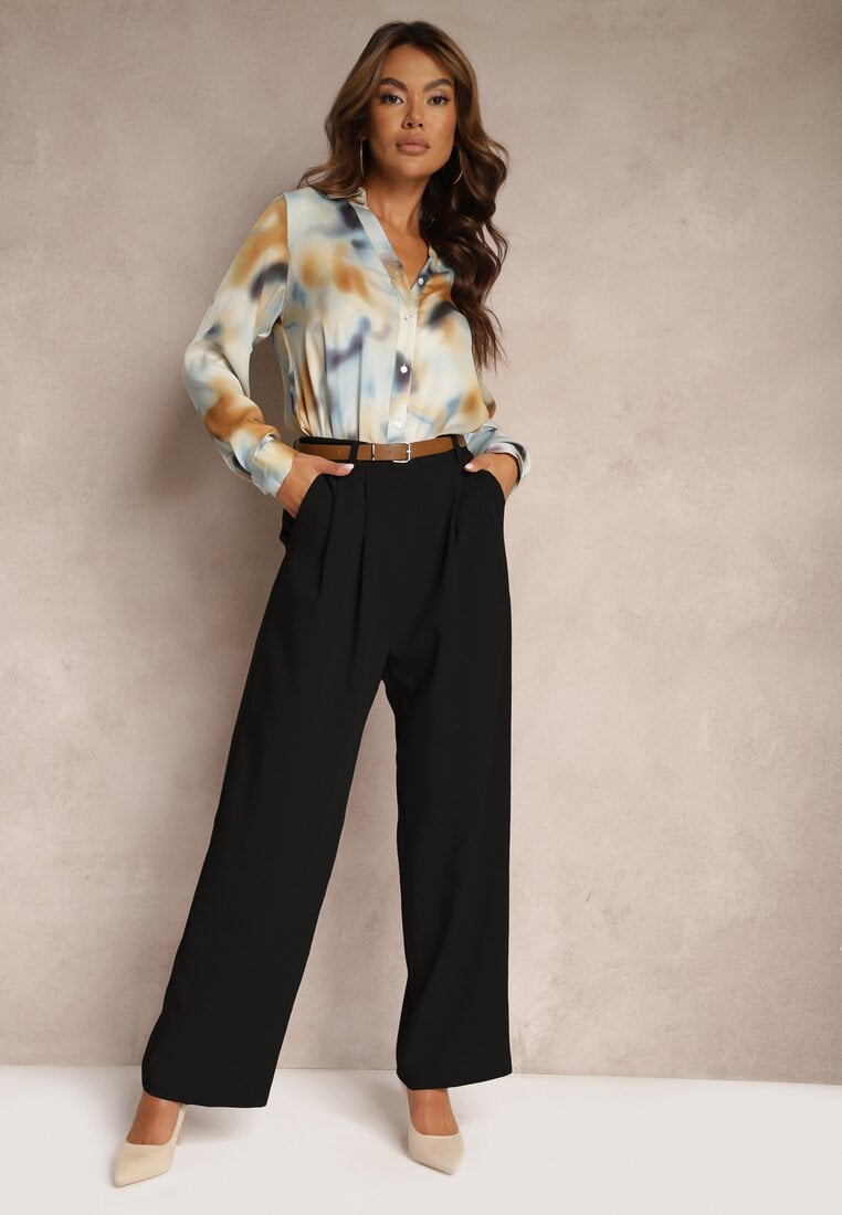 Pantaloni negri de costum cu talie înaltă cu croială largă cu adaos de viscoză Mavaira