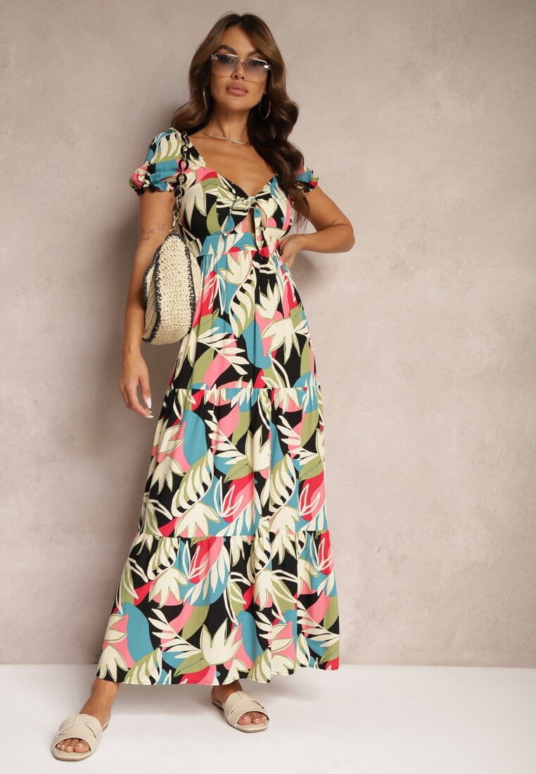 Rochie Neagră Cloche Florală din Viscoză Decorată cu Volan și cu Legătură Mevanya