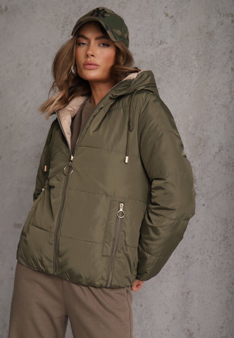Jachetă Verde închis Matlasată Reversibilă cu Glugă Decorată cu Fermoare Nevetila