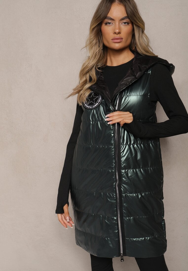 Vestă Verde închis Lungă Matlasată cu Aplicație și Glugă Mevianis