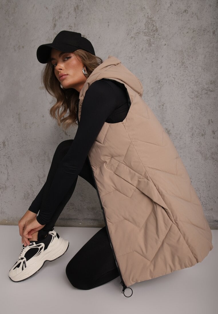 Vestă Bej Matlasată Lungă cu Glugă cu Fermoar Terilenes
