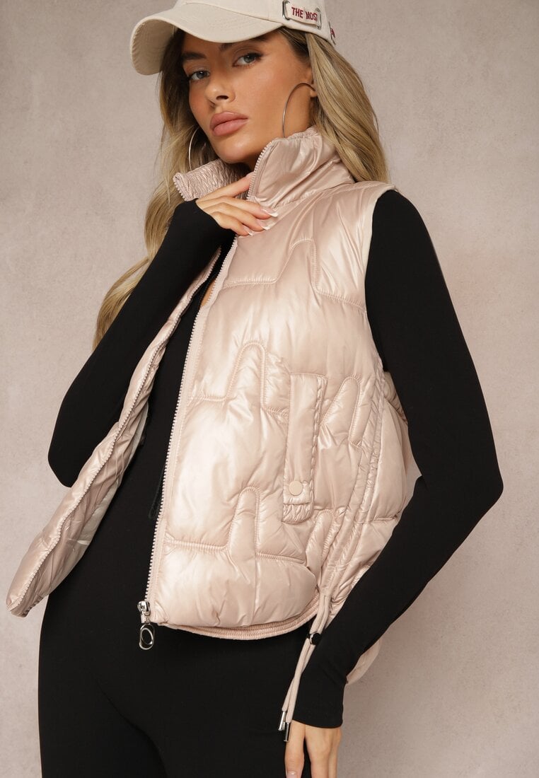 Vestă Bej deschis Matlasată Decorată cu Șnururi și Guler înalt Terinora