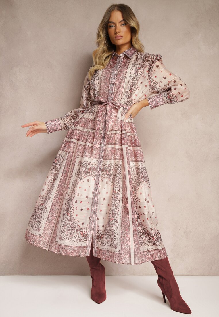 Rochie Bej cu o croială evazată de cămașă din bumbac și curea Merichelle