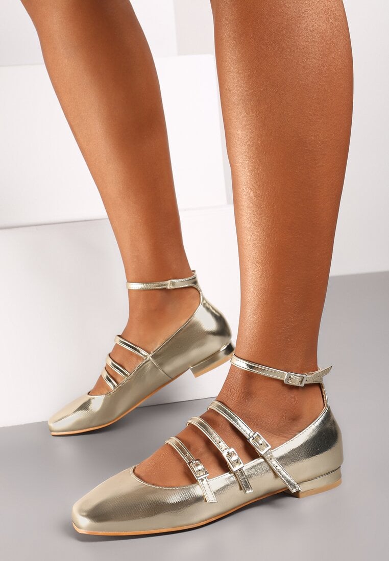 Pantofi cu talpă plată Aurii Lăcuiți Finișați cu baretă și catarame Tinashira
