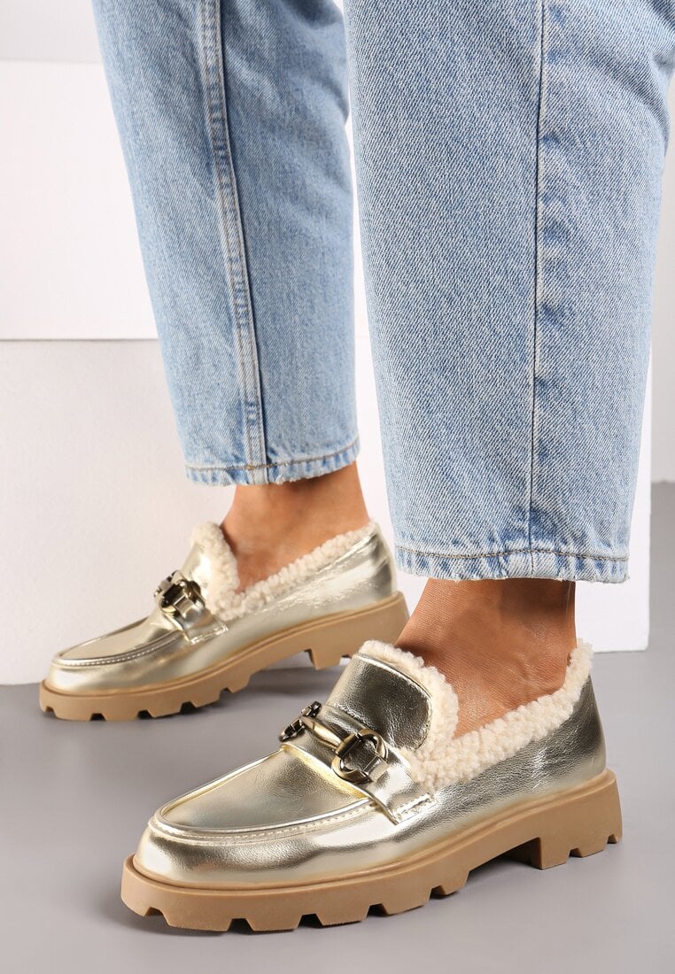 Mocasini Aurii cu Talpă Plată cu Blană Artificială și Cataramă Metalică Lerilisse