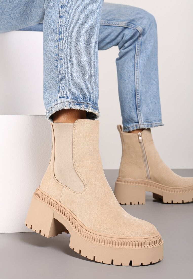 Ghete Bej cu Toc Gros și Platformă Stil Chelsea Grunge cu Carâmb Elastic Lericea