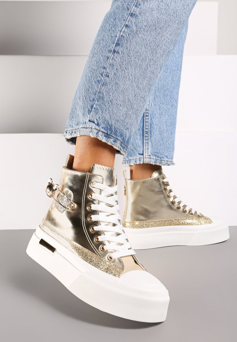 Adidași Aurii înalți pe Platformă Finisați cu Broșă cu Sclipici Terilaina