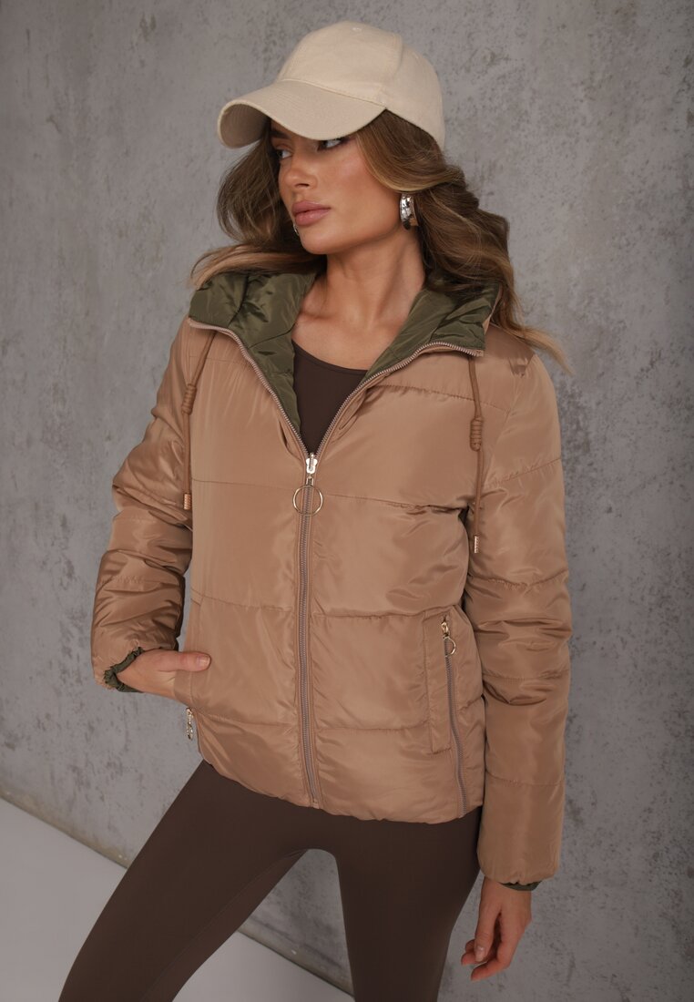 Geacă Bej închis Matlasată Reversibilă cu Glugă Decorată cu Fermoare Nevetila