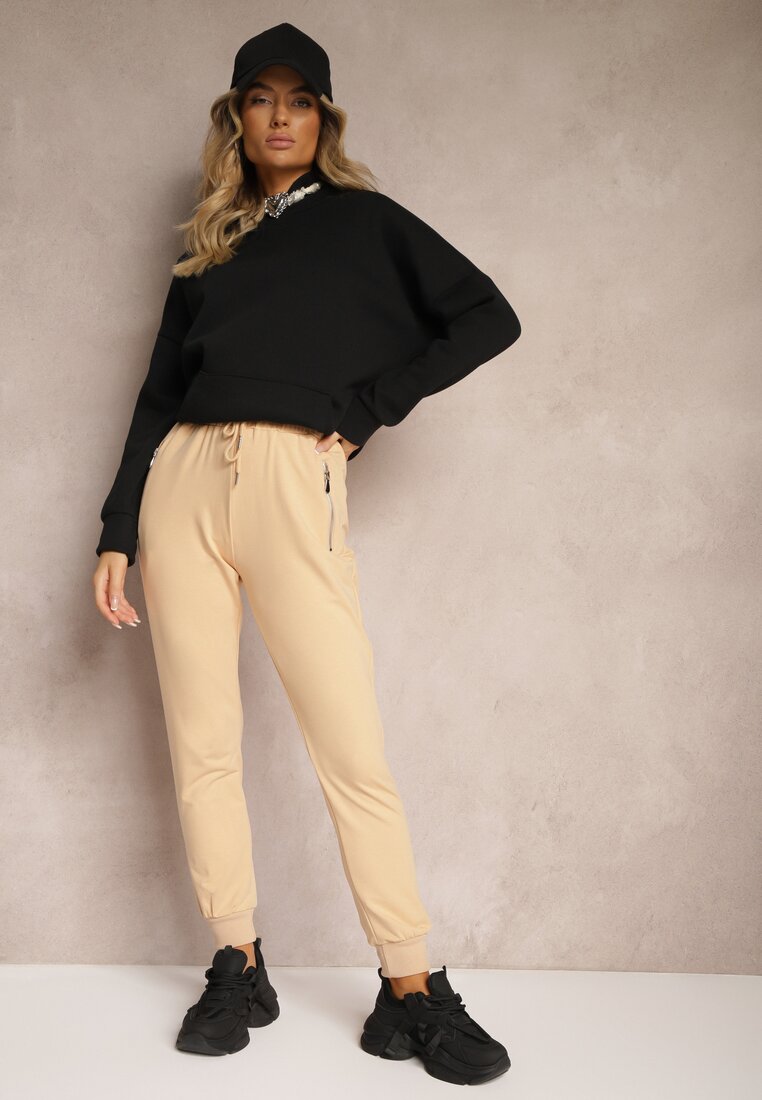 Pantaloni de trening bej din bumbac High Waist decorate cu buzunare cu fermoar Fedela