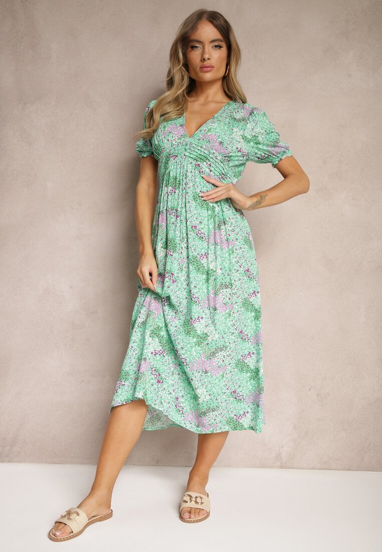 Rochie Verde Midi cu Decolteu Adânc și Elastic în Talie din Viscoză Arevik