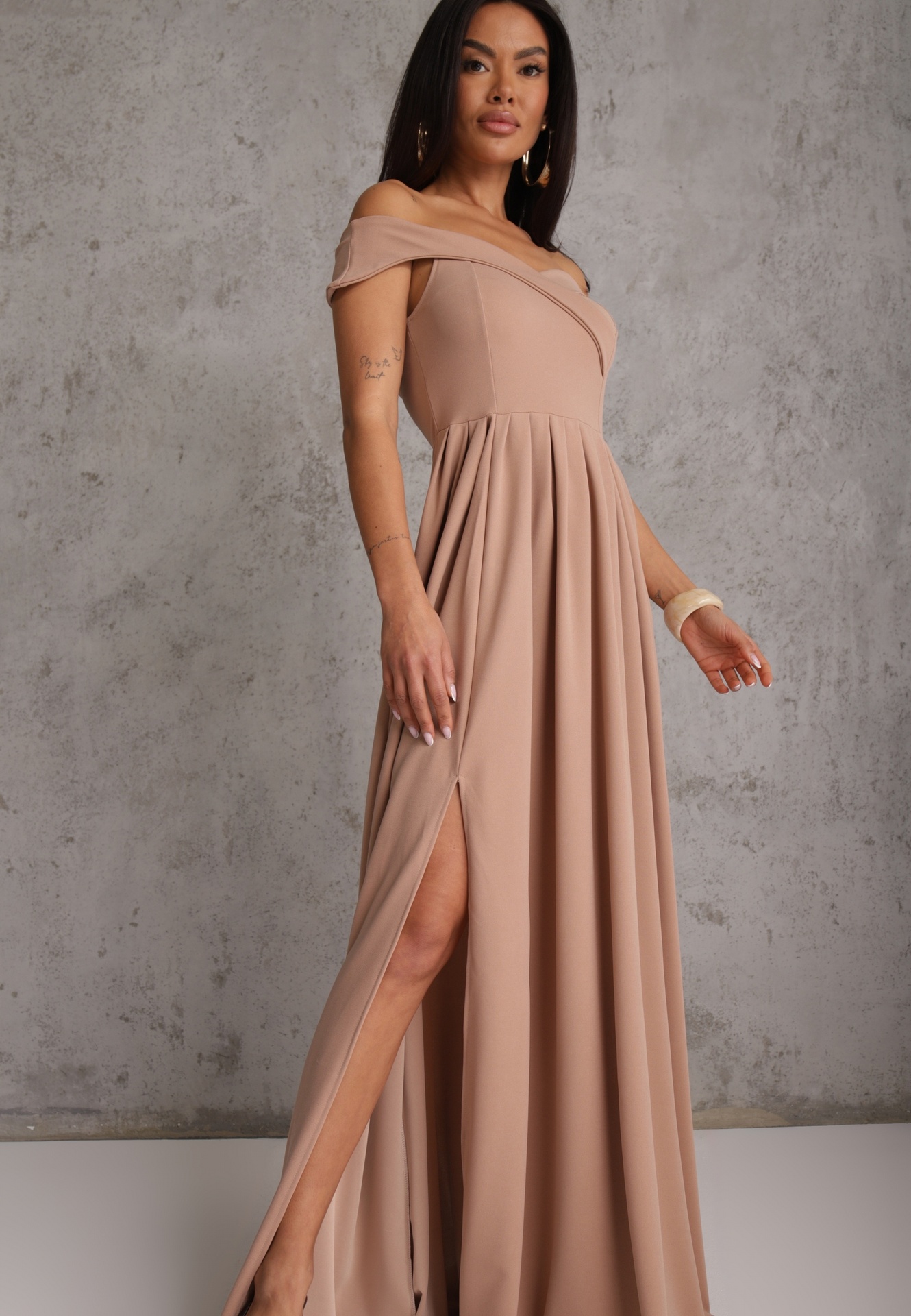 Rochie Bej închis Elegantă Lungă Spaniolă cu șliț la tiv Idelia