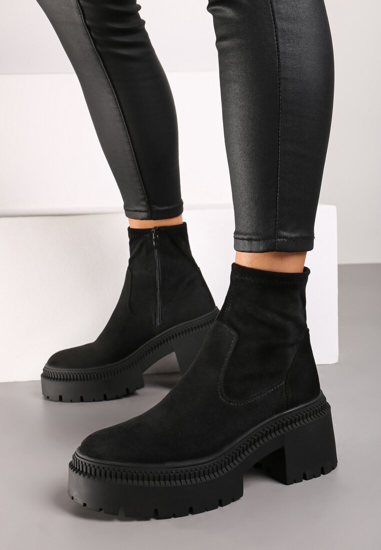 Ghete Chelsea negre cu toc gros și carâmb mulat Hesliara