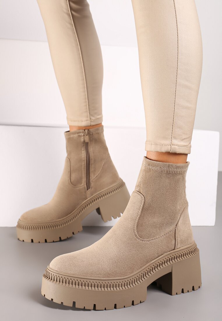 Botine Chelsea Bej închis cu toc gros cu carâmb mulat Hesliara