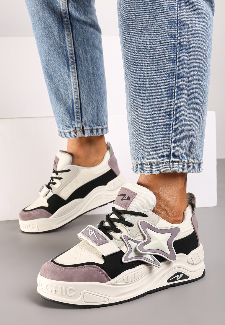 Sneakersy Bej-violet cu platformă, cu șireturi groase și închidere cu scai Arlaia