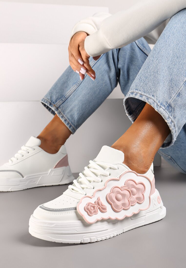 Adidași Alb-Roz pe platformă joasă cu flori decorative pe laterală Benavilla