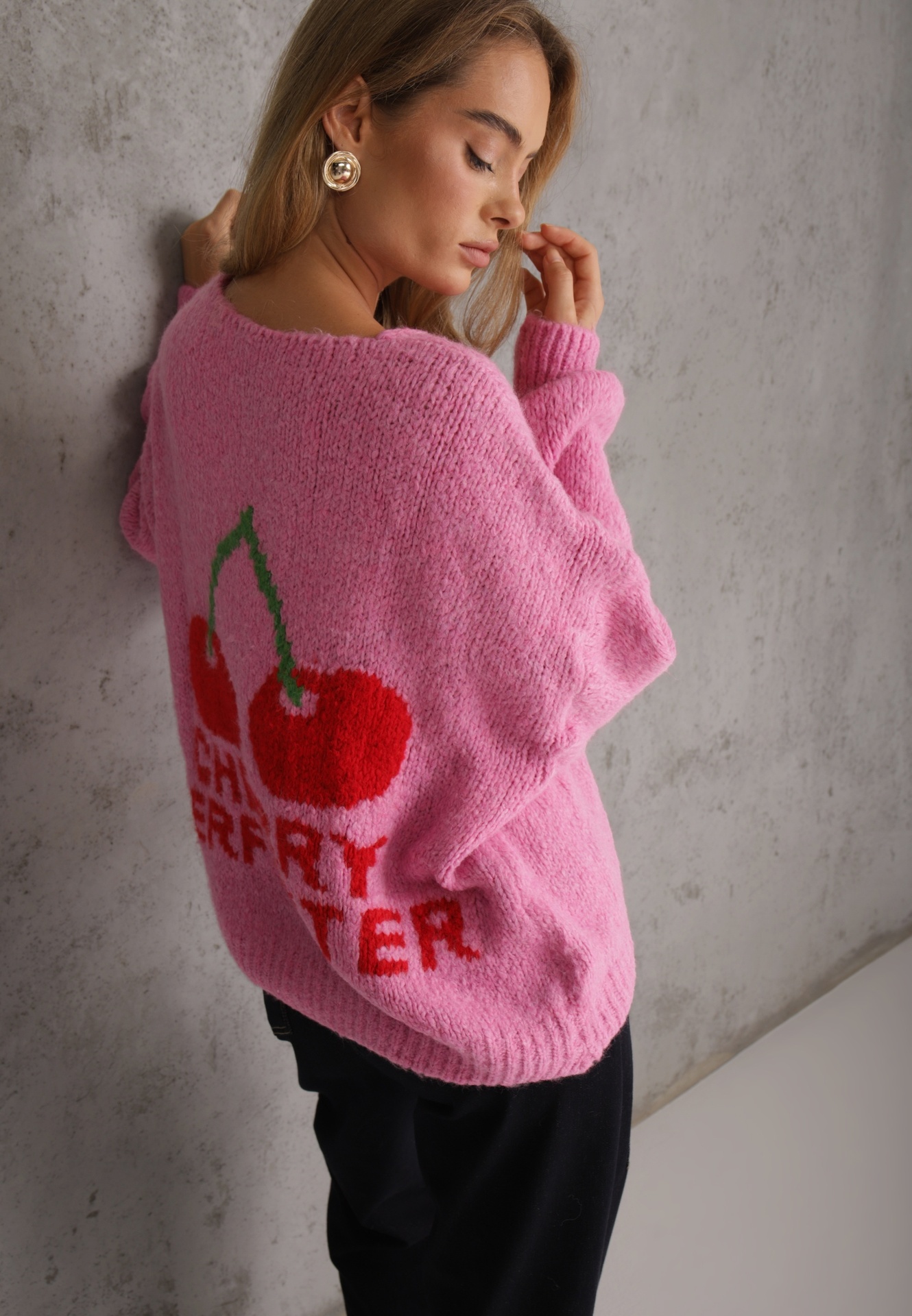 Cardigan Fuchsia cu amestec de lână cu inscripție și cireașă Benana