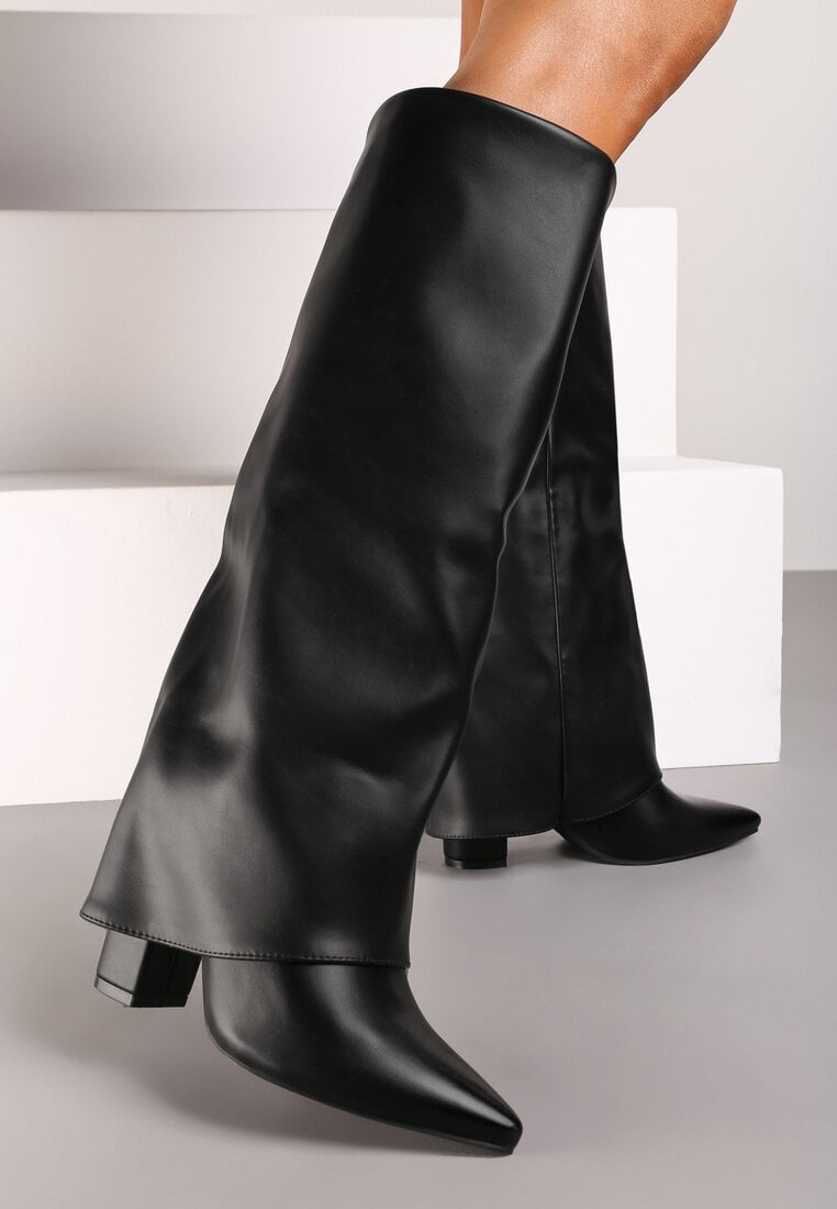 Cizme Negre VICES cu toc gros decorate cu manșetă răsfrântă Heslia