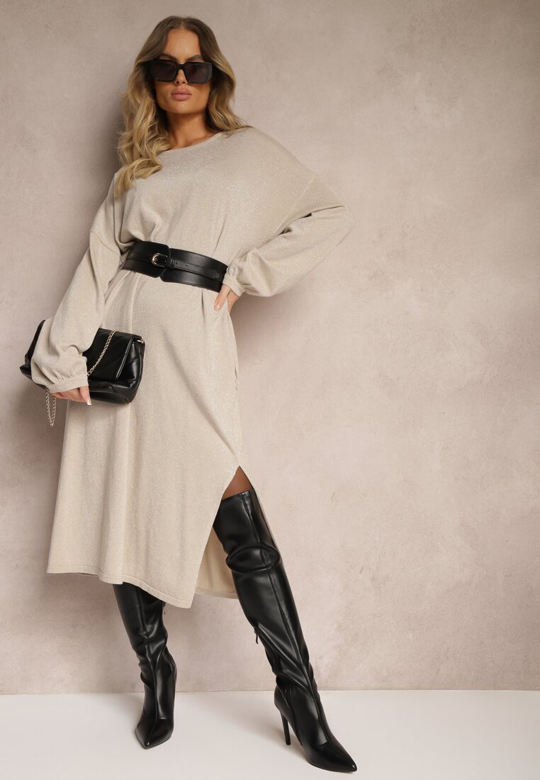 Rochie Bej din Viscoză cu Croială Tip Cutie cu Fir Metalic și Mâneci Largi Arkina