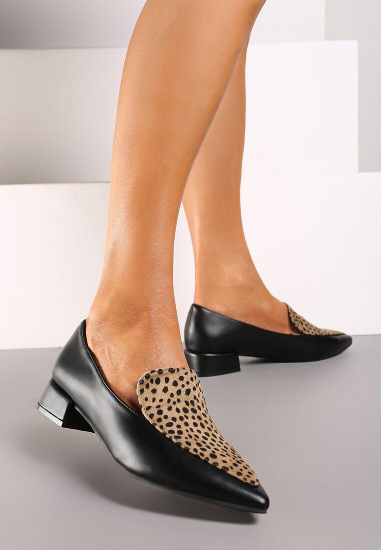 Pantofi Negru-Bej Tip Mocasini cu vârful ascuțit și cu toc bloc scurt Tillea
