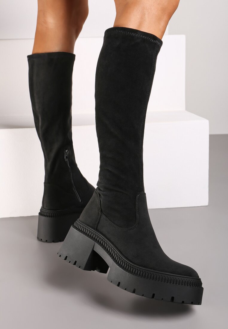 Cizme Negre Lungi cu Gambă Elastică cu Talpă Groasă Texturată Hantrine