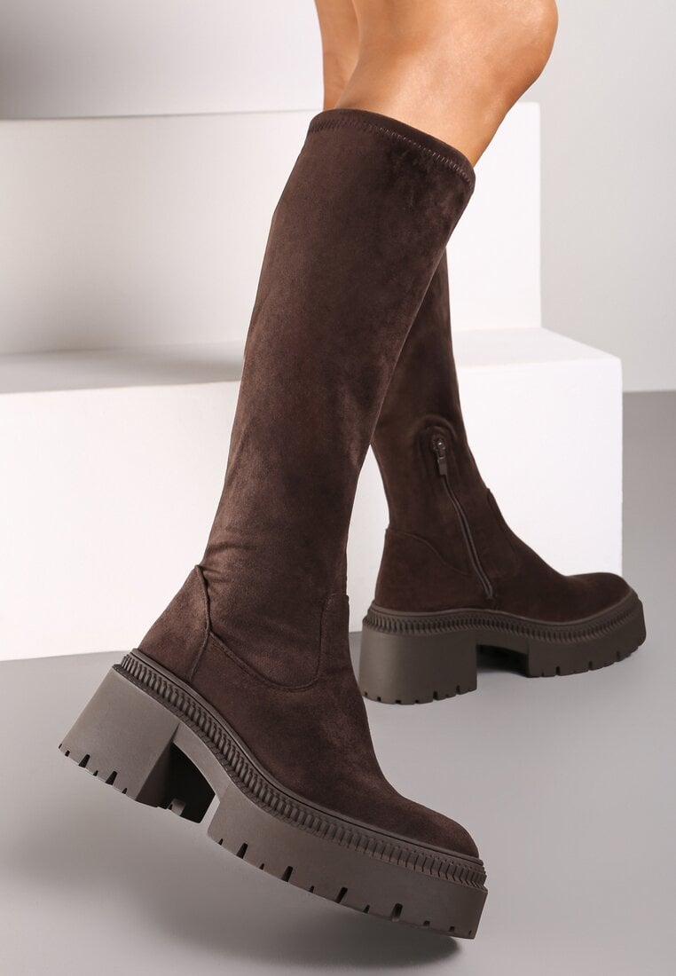 Cizme Lungi Maro cu Gambă Elastică pe Talpă Groasă Embosată Hantrine