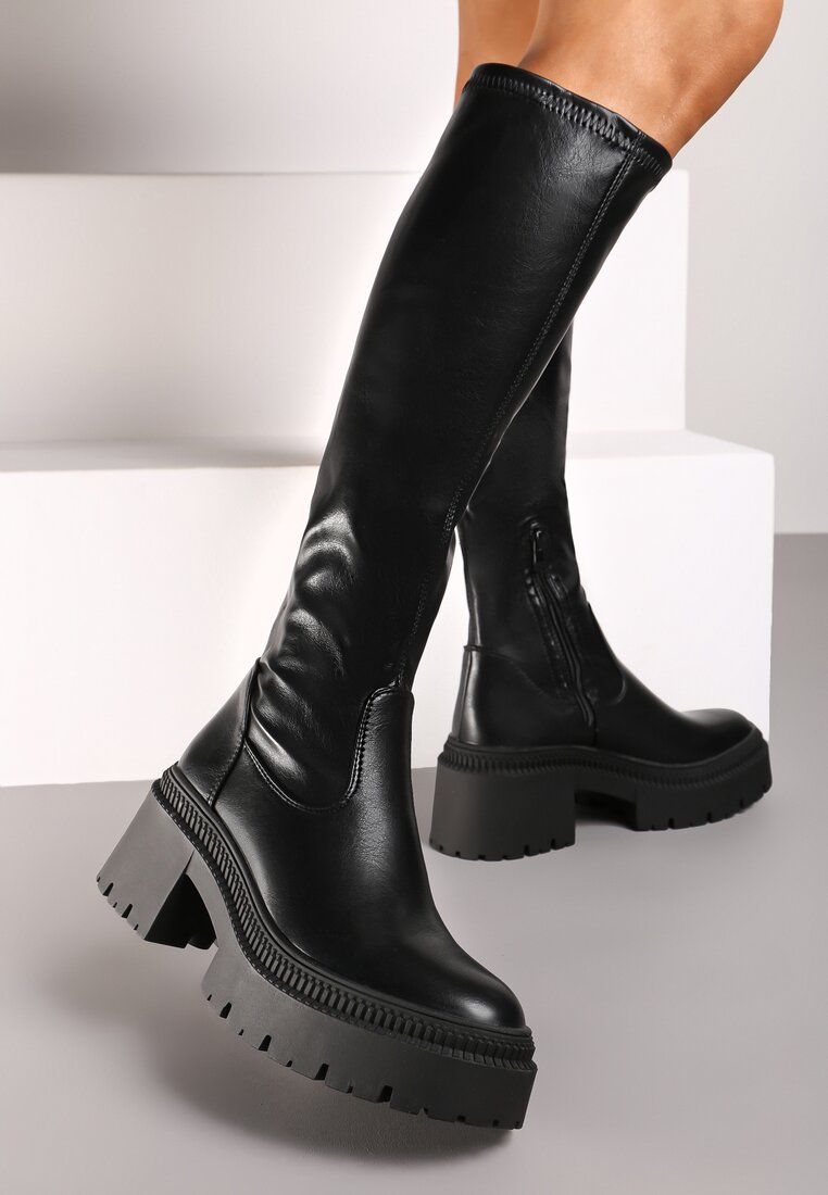 Cizme Negre cu toc gros cu carâmb înalt și mulat Laoliana