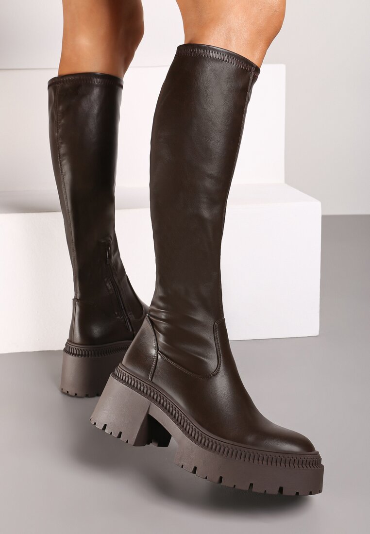 Cizme Maro cu Toc Gros cu Tija Înaltă Aderentă Laoliana