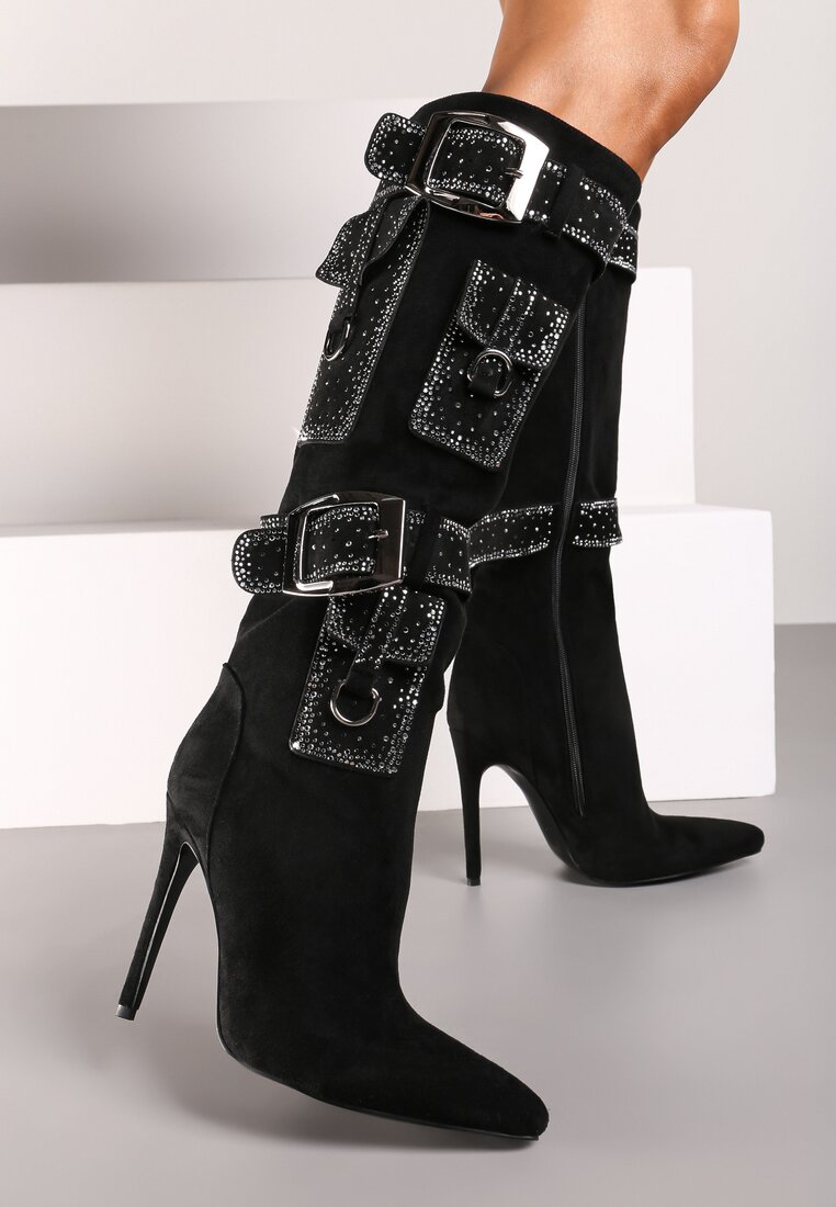Cizme Negre cu Toc Decorate cu Catarame, Buzunare și Zirconii Ansirea