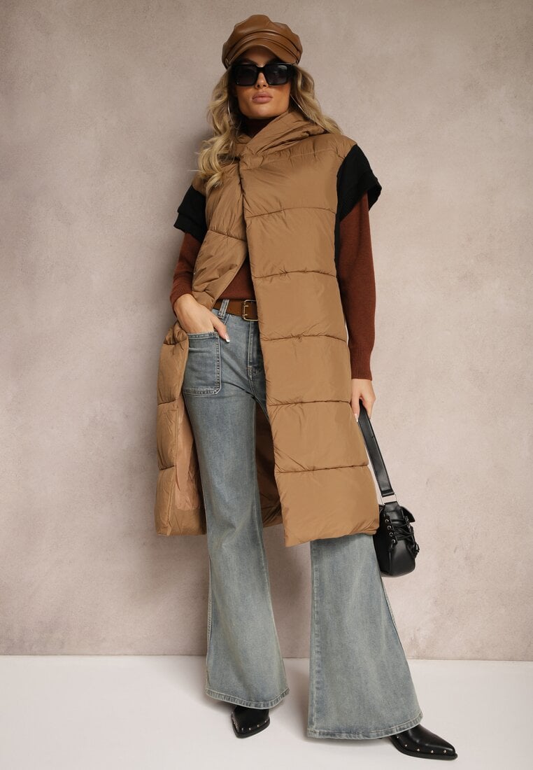 Vestă Jasnobrązowa Długa din material matlasat cu croială petrecută cu glugă și cordon Nerietta