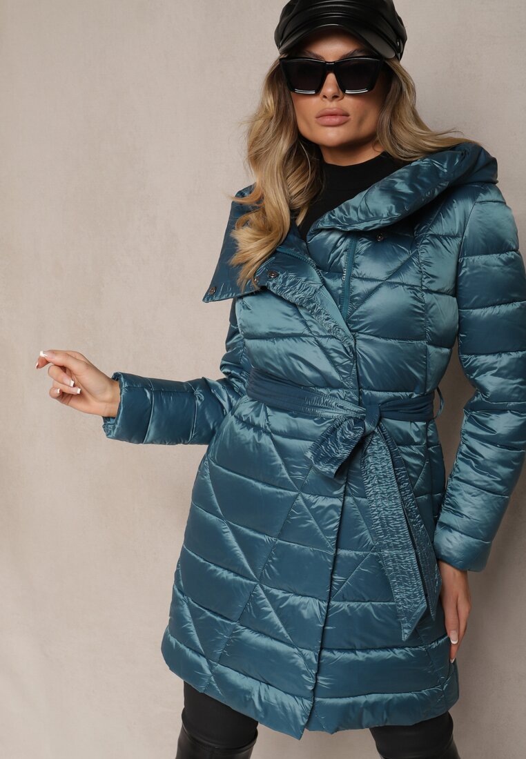 Geacă Matlasată Albastră Lungă cu Glugă cu Legătură în Talie Anselith