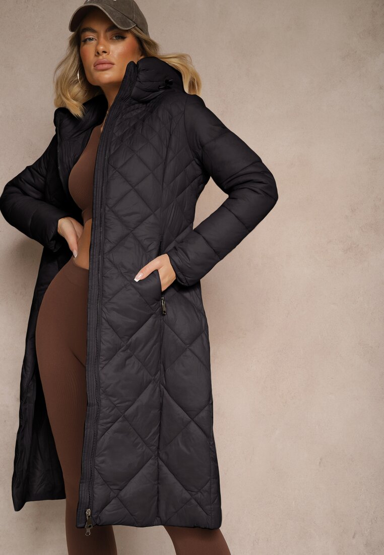 Geacă Neagră Matlasată de Croială Lungă cu Glugă Erivana