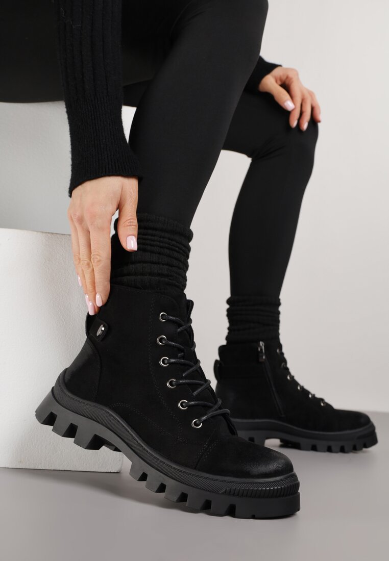 Botine trapper Negre cu platformă, decorate cu curea Argiva