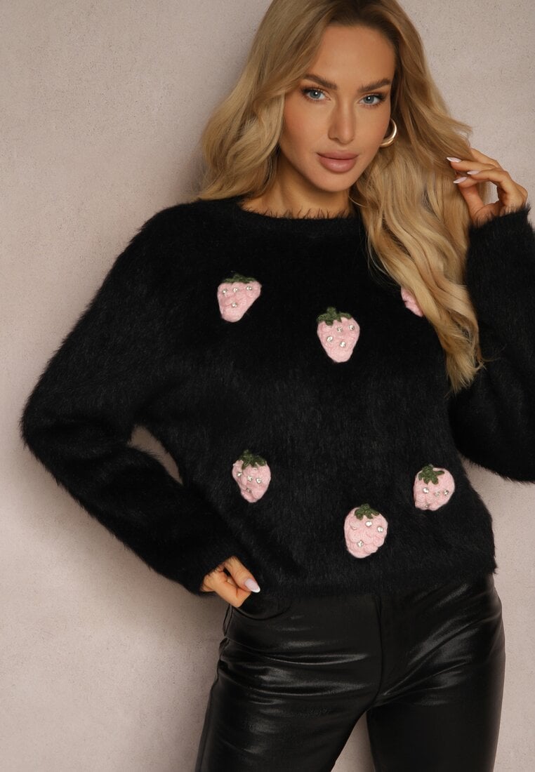 Pulover Negru Pufoș cu adaos de lână Decorat cu căpșuni 3D Leriah