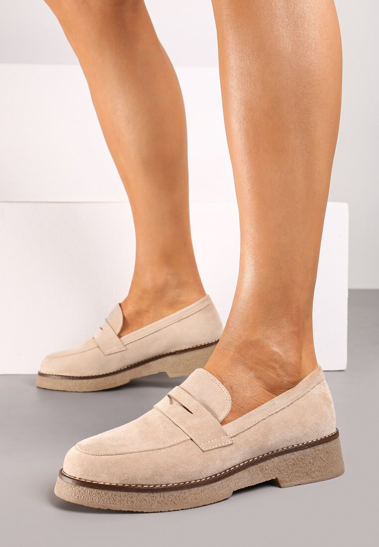 Mocasini bej din piele întoarsă ecologică cu talpă groasă Belirra