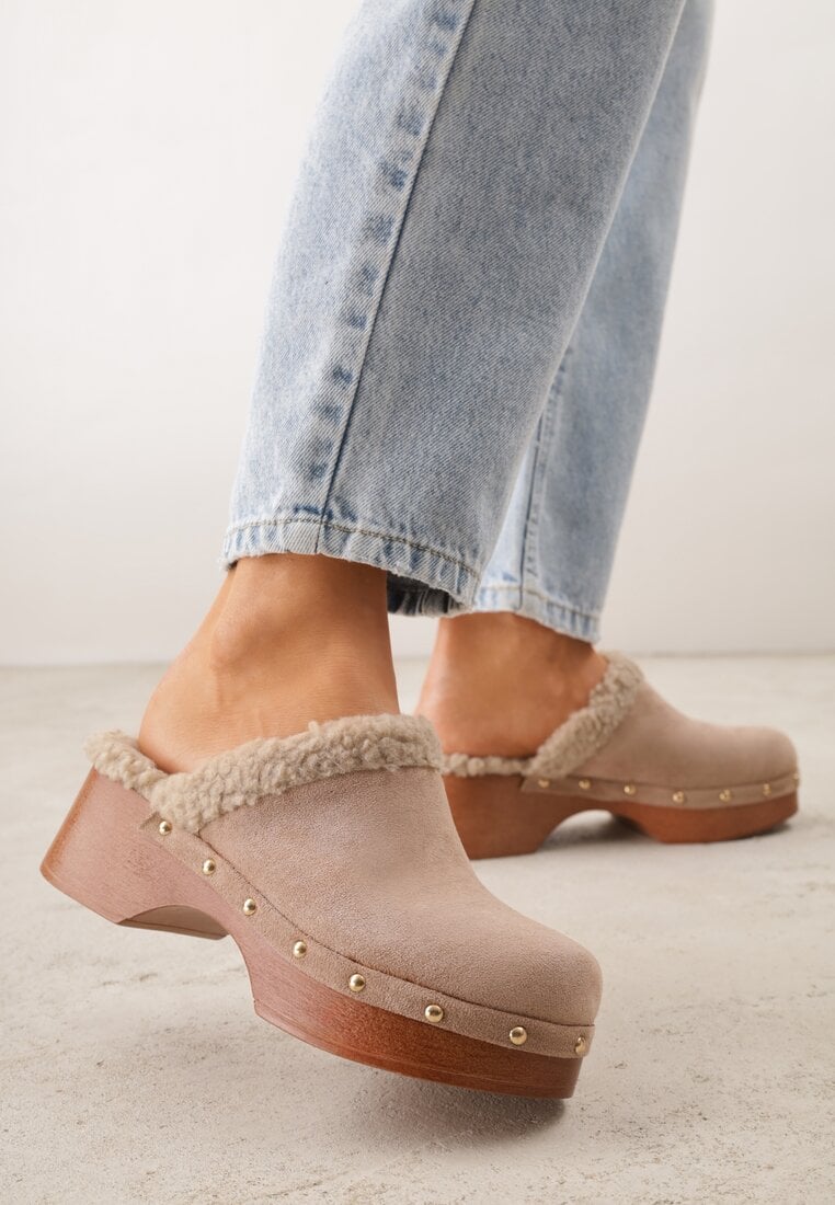 Papuci Mule Imblăniți Bej închis cu platformă Decorați cu ținte Crelina