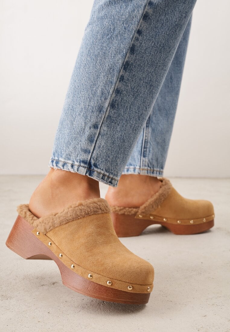 Papuci Mule Maro Pufoși cu platformă împodobiți cu ținte Crelina