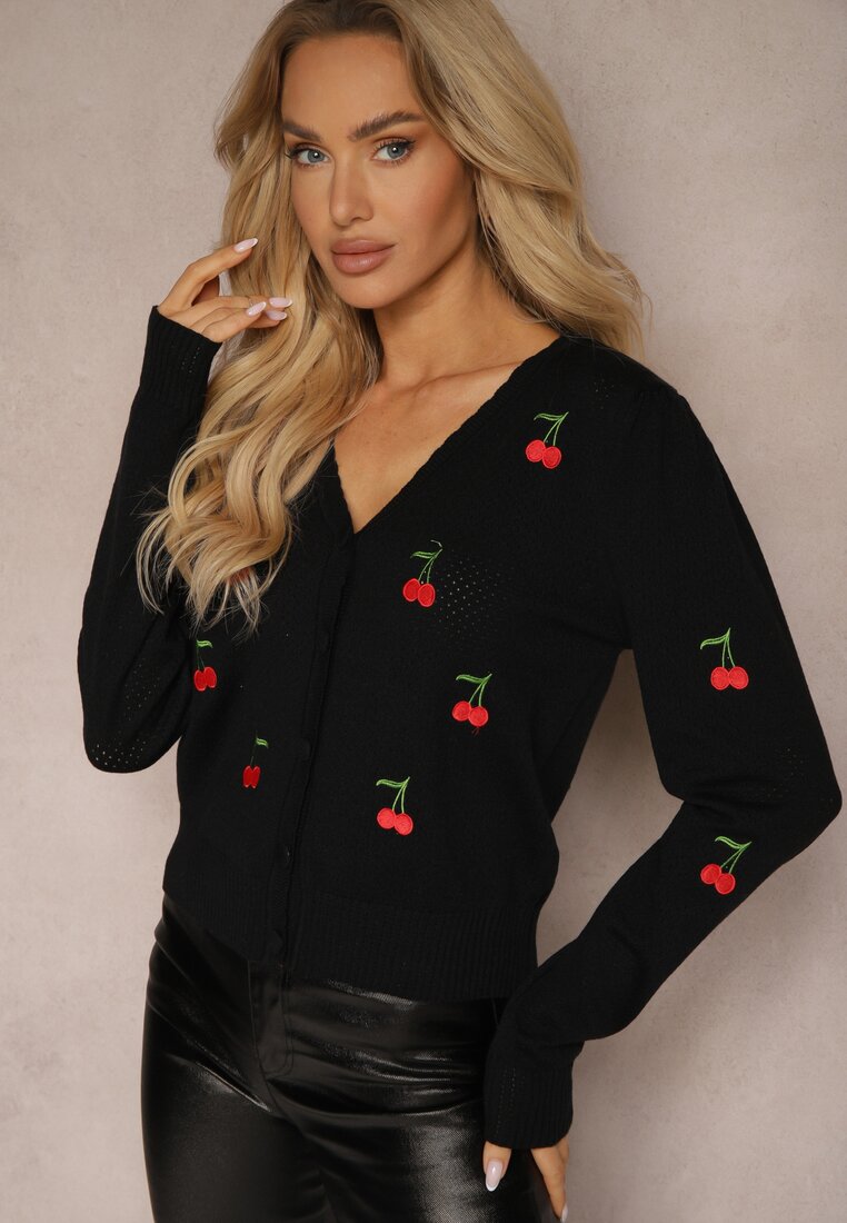 Cardigan Negru Decorat cu Broderie în Formă de Cireșe Nirinia
