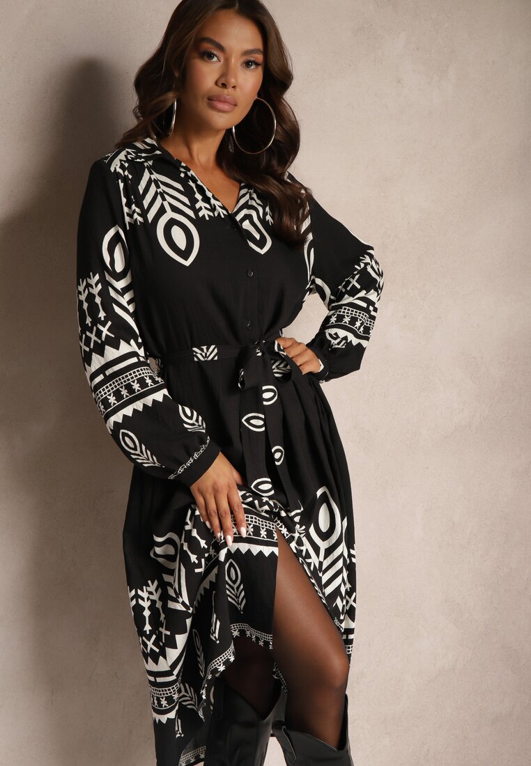 Rochie Neagră tip cămașă cu viscoză cu imprimeuri Aztece Averisa