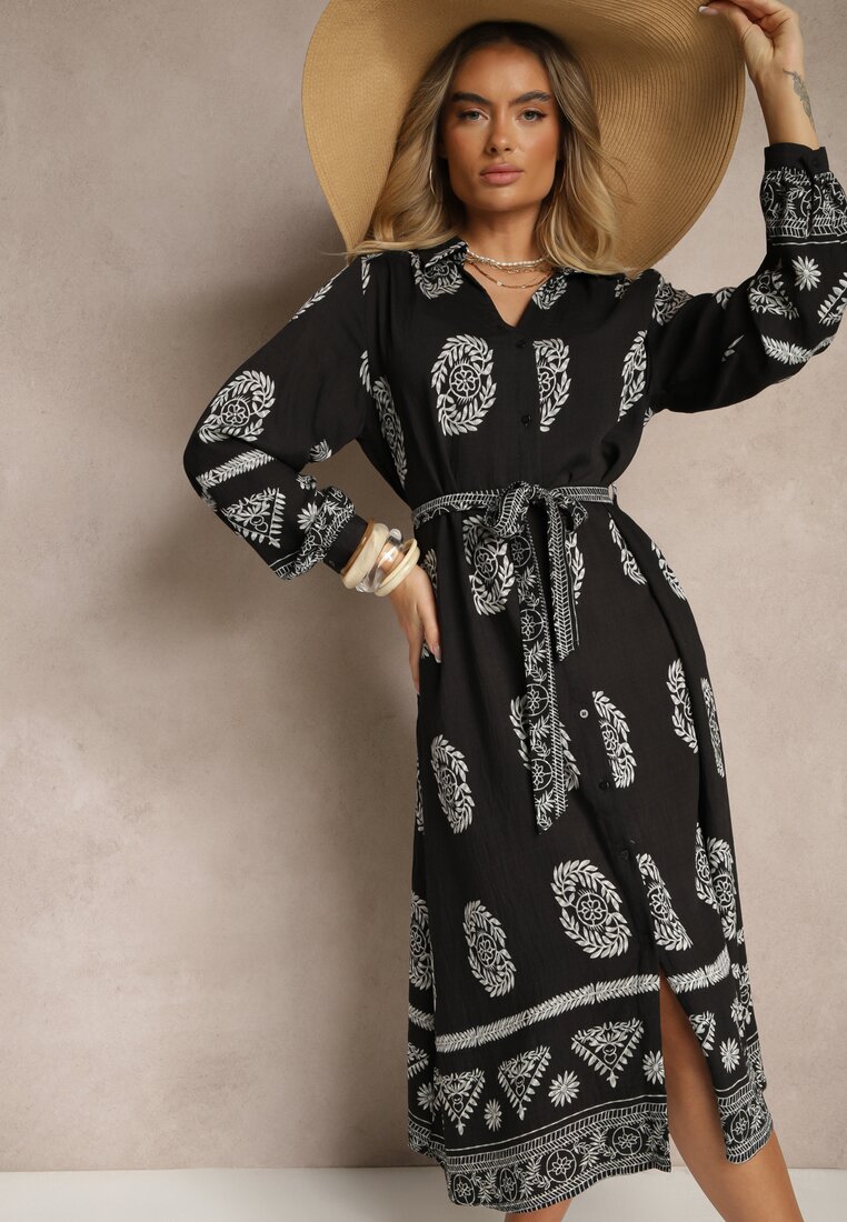 Rochie Cămașă Neagră Legată în Talie în Stil Boho Rorisha