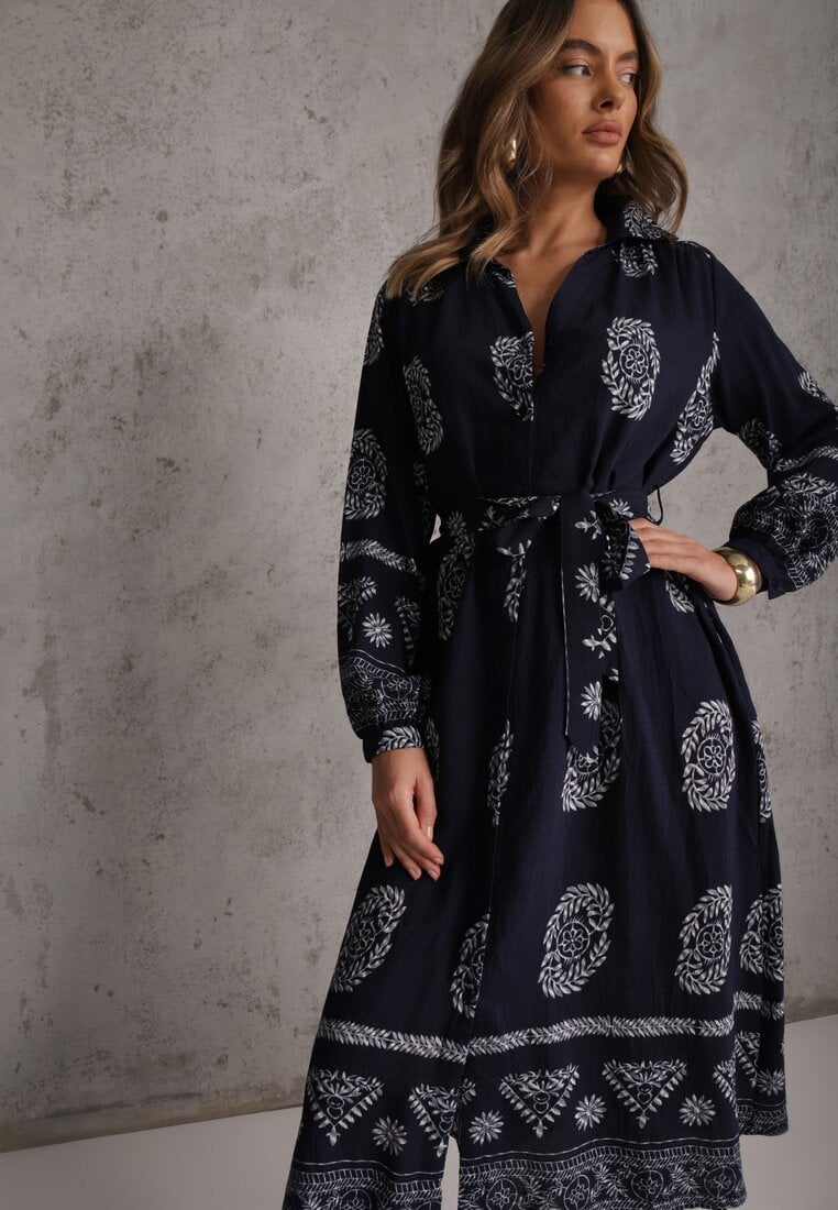 Rochie Cămașă Bleumarin Cu șnur în talie în Stil Boho Rorisha