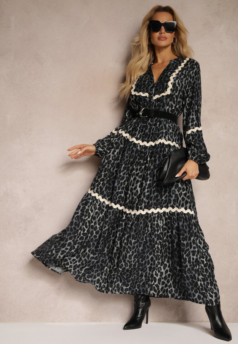 Rochie Gri leopard Evazată Decorată cu Borduri Ondulate Zetilaine