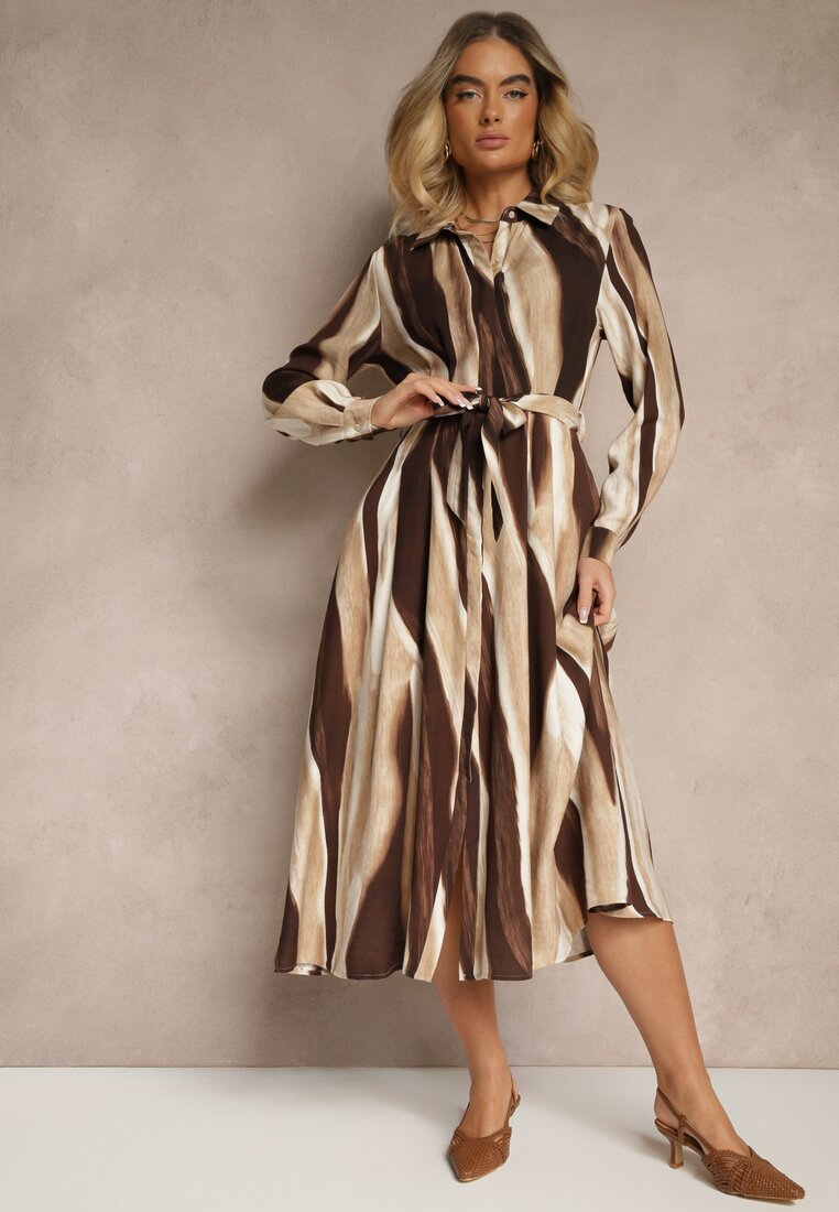 Rochie tip cămașă Maro cu Dungi Abstracte Lungă cu Elastic și Cordon în Talie Nerithal